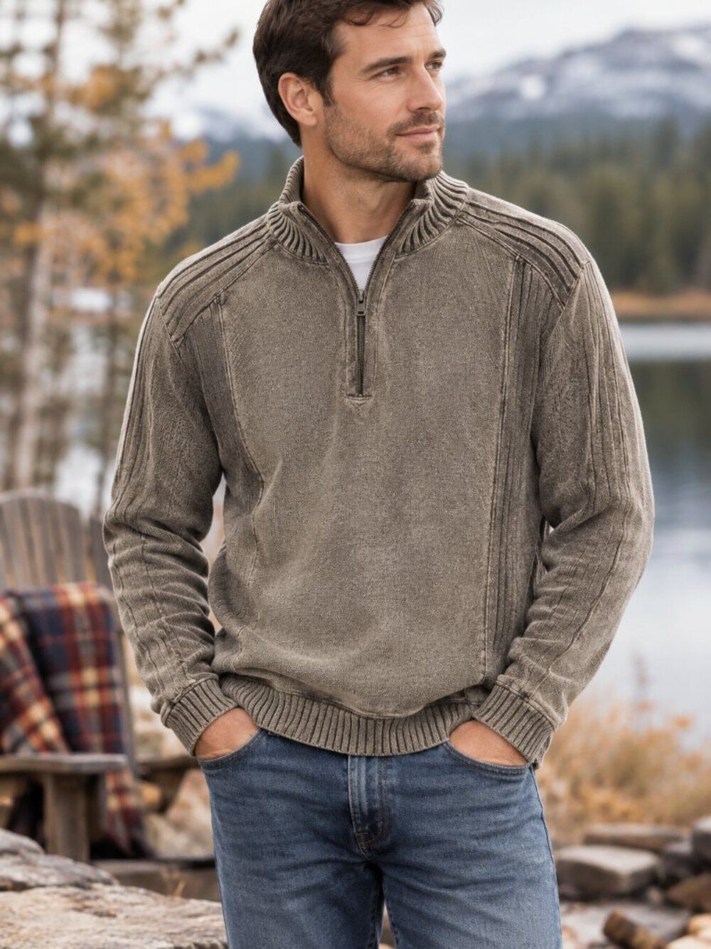 Weekendz Off Men's 100% Cotton Half Zip Pullover Sweater Ribbed Mock Neck Large